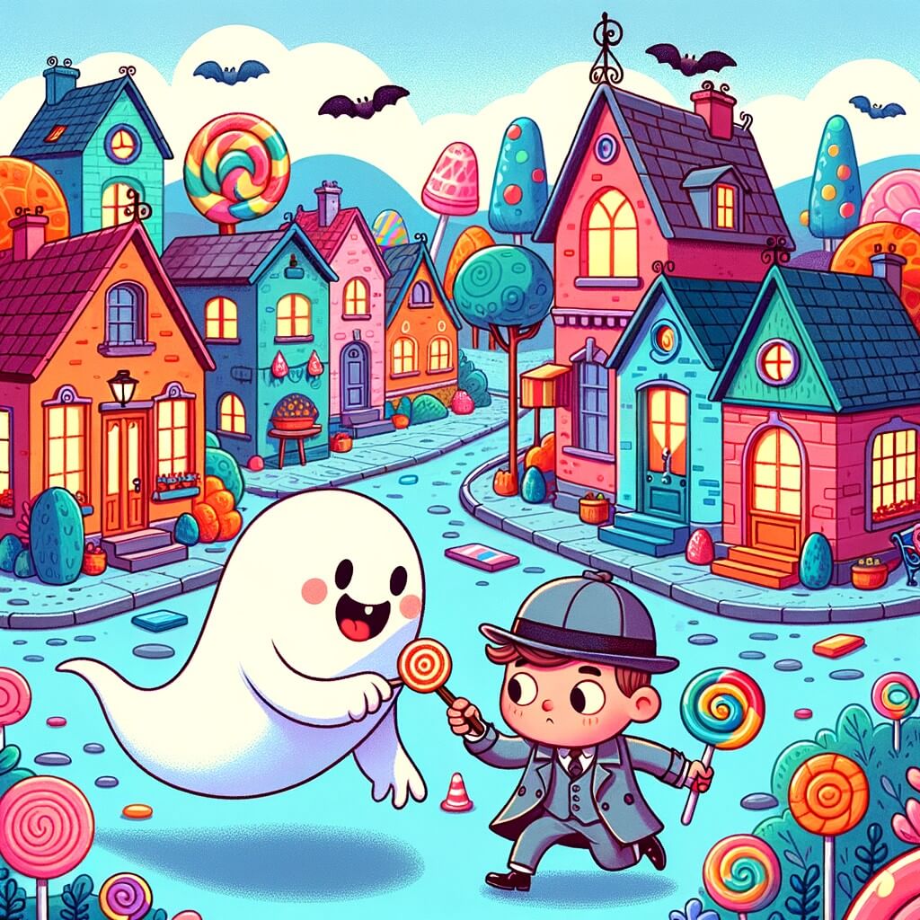 Une illustration destinée aux enfants représentant un fantôme farceur, jouant des tours rigolos à un détective curieux, dans une petite ville colorée aux maisons en bonbons et aux arbres en forme de sucettes.