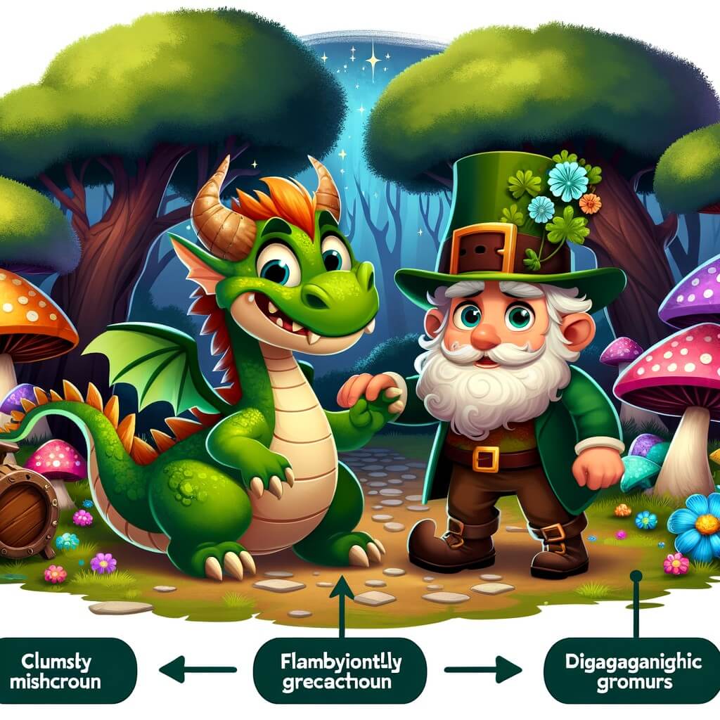 Une illustration destinée aux enfants représentant un dragon farceur et maladroit, accompagné d'un petit lutin rieur, dans une forêt enchantée aux arbres aux couleurs chatoyantes et aux champignons géants.