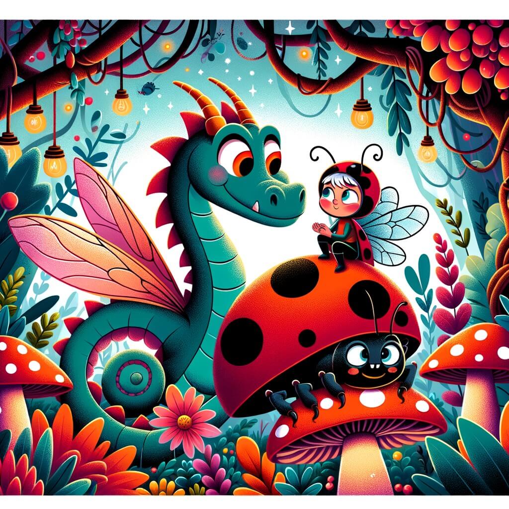 Une illustration destinée aux enfants représentant un dragon farceur coincé dans le corps d'une petite coccinelle, accompagné d'une curieuse fourmi nommée Lila, dans un jardin enchanté rempli de plantes colorées et de champignons lumineux.