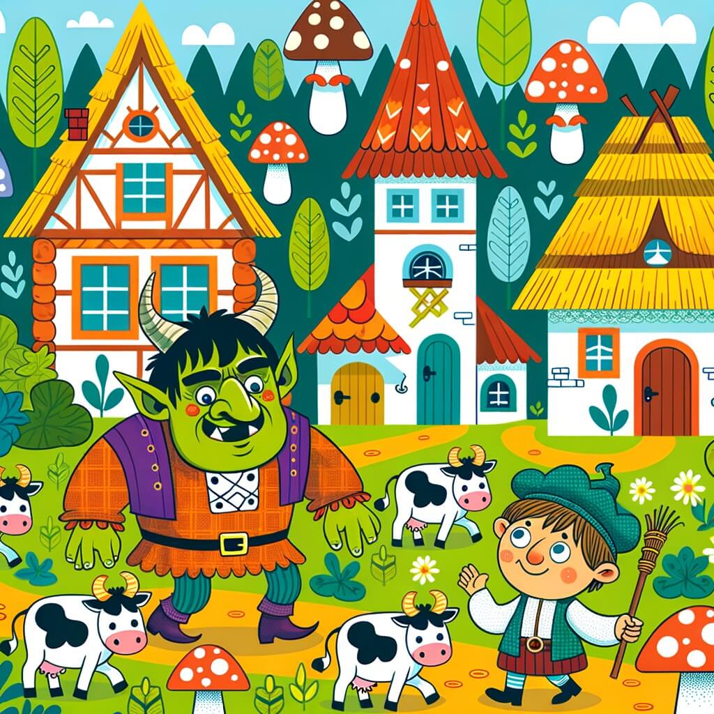 Une illustration destinée aux enfants représentant un ogre affamé et rigolo se trouvant dans un village coloré, entouré de maisons en forme de champignons, tandis qu'un petit fermier malin l'aide à retrouver ses vaches volées.