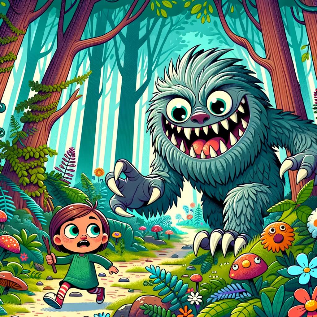 Une illustration pour enfants représentant un petit monstre rigolo qui rencontre une petite fille humaine dans une forêt mystérieuse.