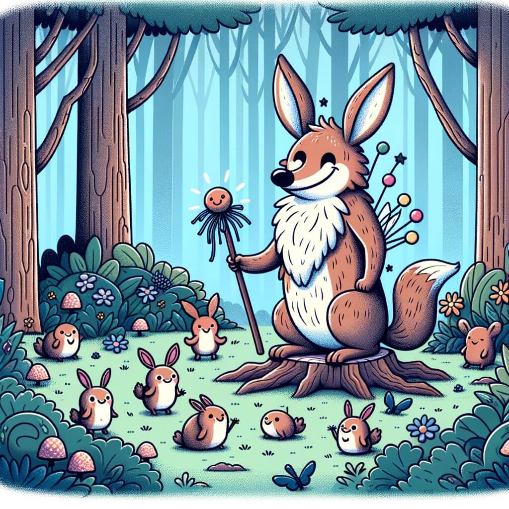 Une illustration pour enfants représentant une créature rigolote et gentille qui vit dans une forêt enchantée, où elle fait des blagues amusantes aux petits animaux.