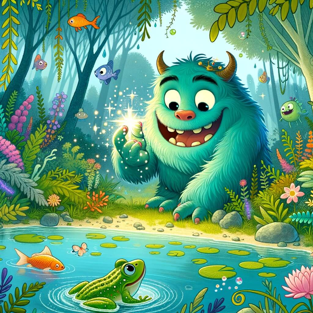 Une illustration destinée aux enfants représentant un monstre rigolo découvrant un lac enchanté, accompagné d'une grenouille aquatique, au milieu d'une forêt luxuriante remplie de plantes colorées et de poissons étincelants.