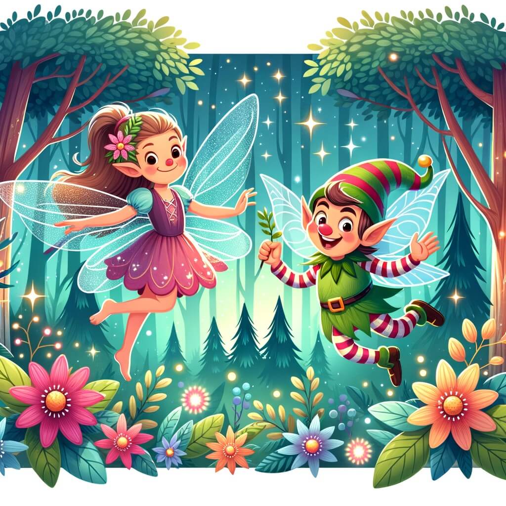 Une illustration destinée aux enfants représentant une fée étourdie virevoltant dans une forêt enchantée, accompagnée d'un joyeux lutin farceur, au milieu d'arbres majestueux aux feuilles chatoyantes et de fleurs lumineuses aux couleurs éclatantes.