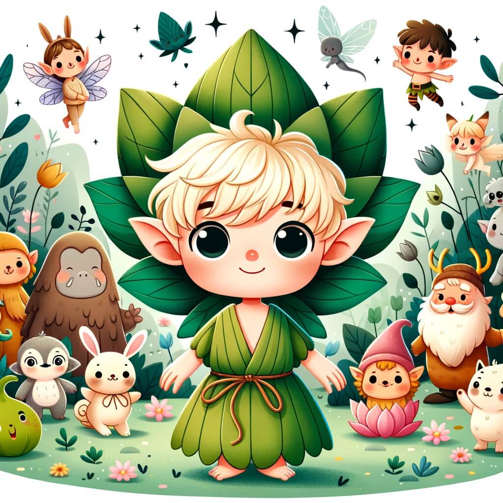 Une illustration destinée aux enfants représentant une adorable petite elfe aux cheveux blonds, vêtue d'une robe en feuille de lotus, qui se retrouve dans une forêt enchantée peuplée de lutins farceurs et d'animaux rigolos.