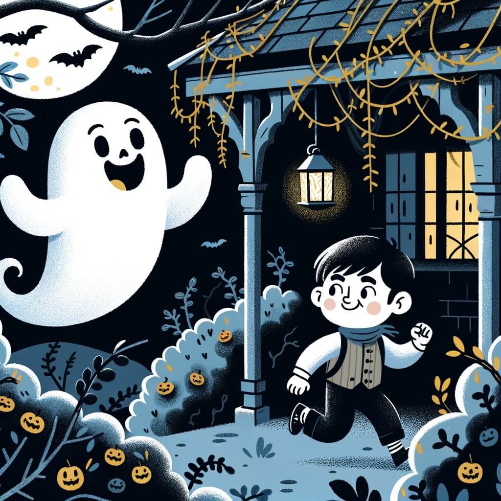 Une illustration destinée aux enfants représentant un fantôme farceur flottant joyeusement dans une maison hantée envahie par les ronces, accompagné d'un petit garçon courageux explorant les mystères de cet endroit sombre et mystérieux.
