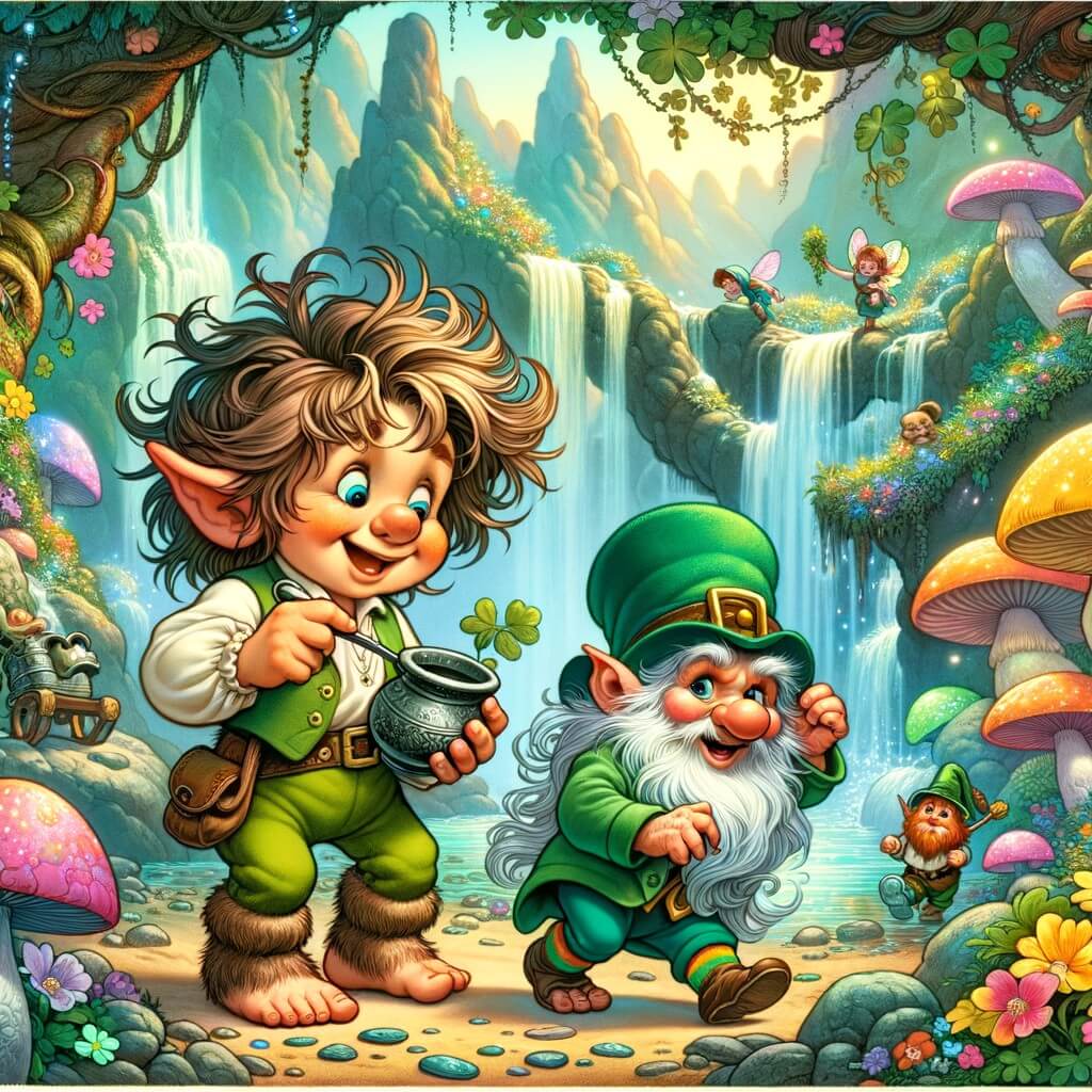 Une illustration pour enfants représentant un troll farfelu et joyeux qui se lance dans une folle aventure pour trouver un trésor caché dans une forêt enchantée.