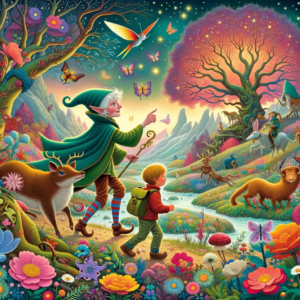 Une illustration pour enfants représentant un petit elfe farceur qui vit dans une forêt enchantée où il rencontre des créatures rigolotes.