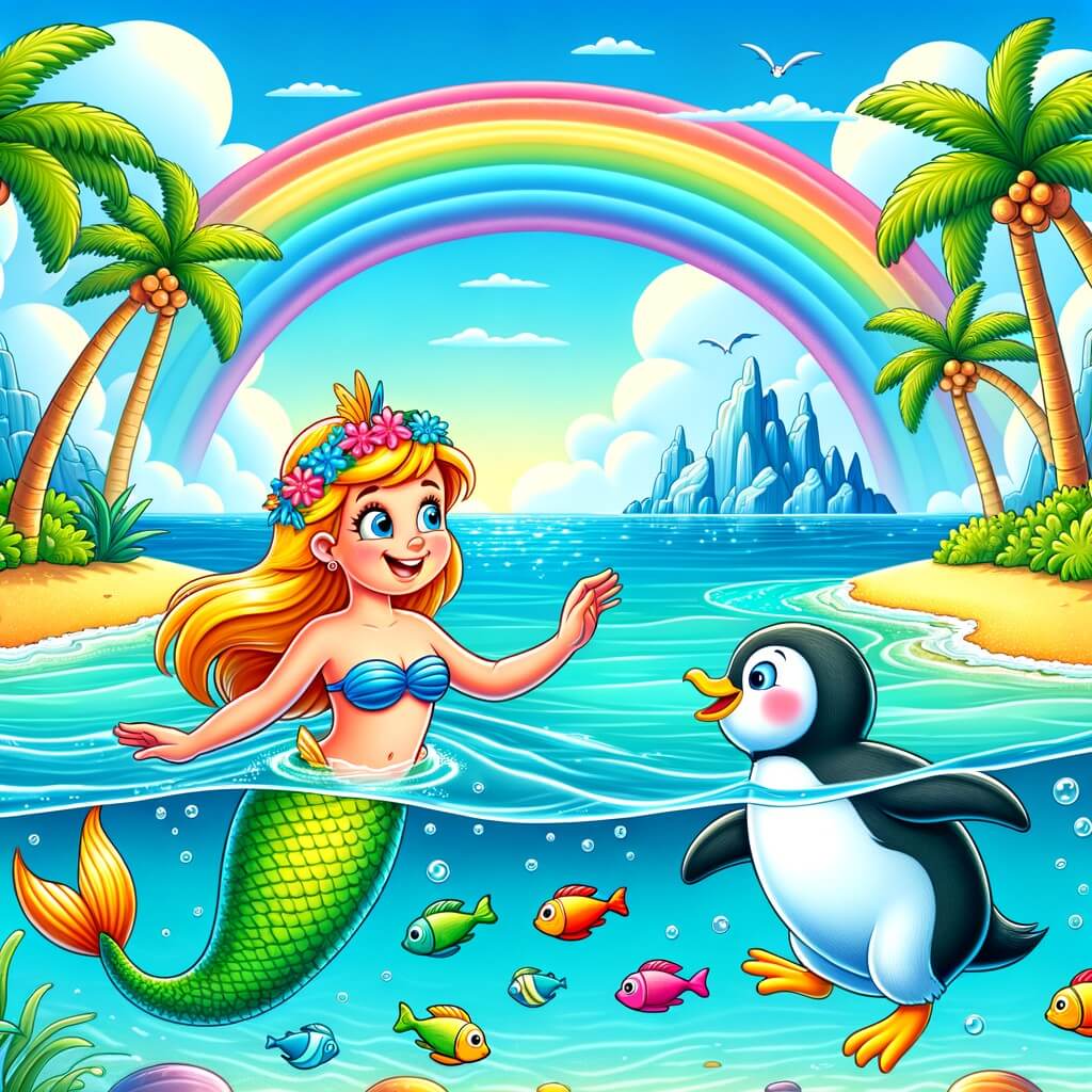 Une illustration destinée aux enfants représentant une sirène espiègle rencontrant un pingouin farceur dans les eaux cristallines d'une île tropicale bordée de palmiers, avec un arc-en-ciel dans le ciel et des poissons multicolores qui nagent autour d'eux.