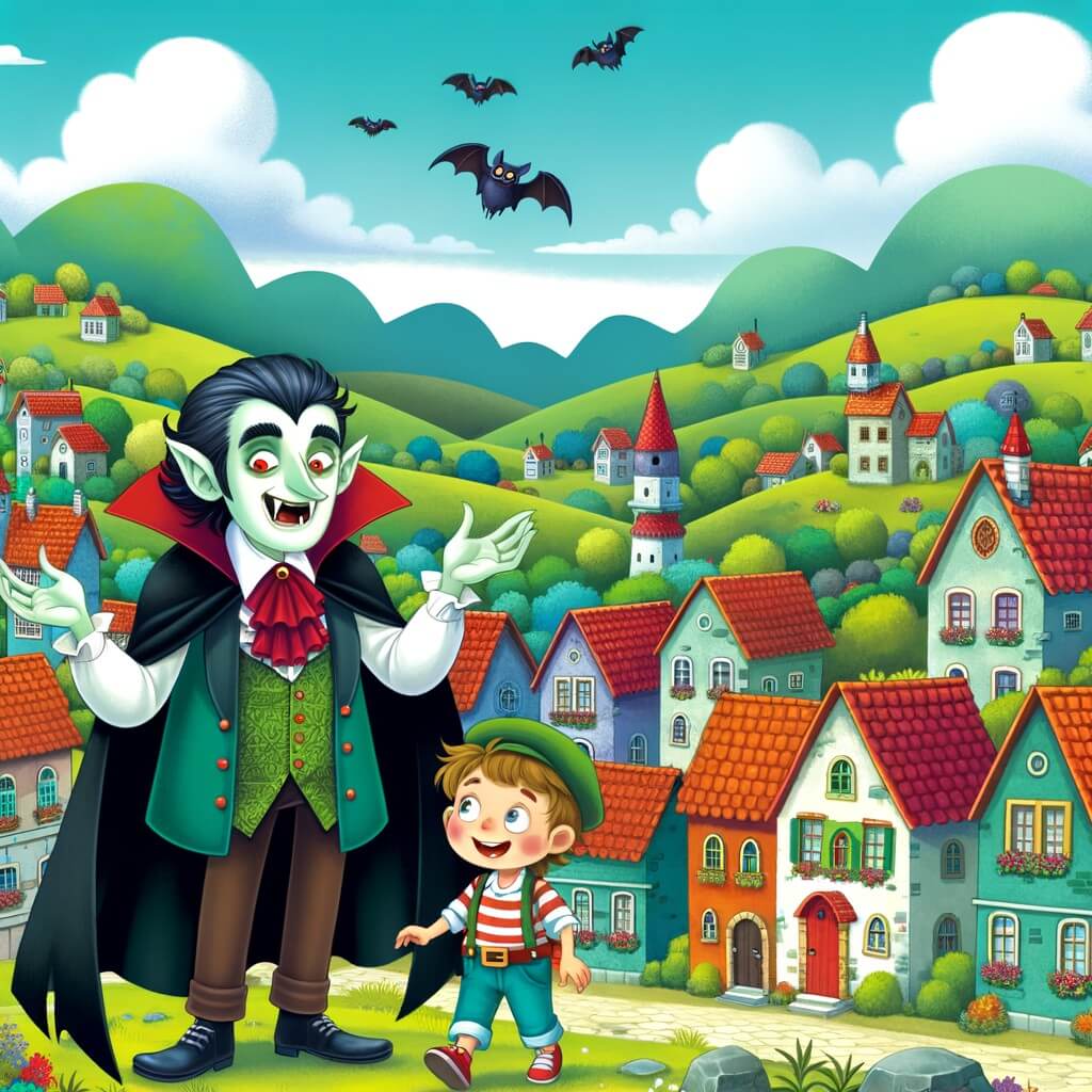 Une illustration destinée aux enfants représentant un vampire rigolo découvrant le monde des humains avec l'aide d'un jeune aventurier curieux, dans un village pittoresque entouré de collines verdoyantes et de maisons colorées aux toits en tuiles rouges.
