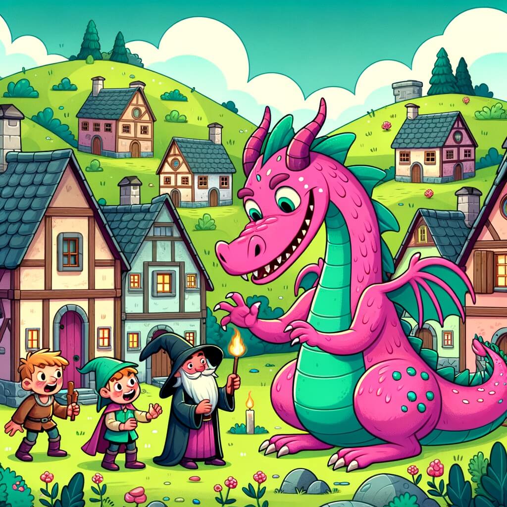 Une illustration destinée aux enfants représentant un dragon farceur rose fluo, vivant dans un village pittoresque entouré de collines verdoyantes et de maisons aux toits en tuiles, qui joue des tours aux habitants avec un sourire malicieux, accompagné parfois d'un sorcier maladroit ou d'enfants émerveillés.