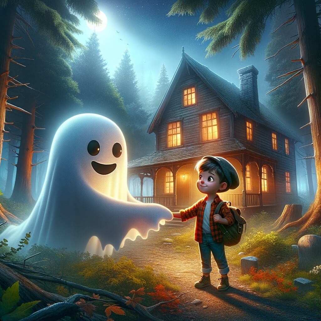 Une illustration destinée aux enfants représentant un fantôme espiègle se liant d'amitié avec un petit garçon aventurier dans une vieille maison abandonnée, entourée d'arbres majestueux et baignée d'une lumière mystérieuse.