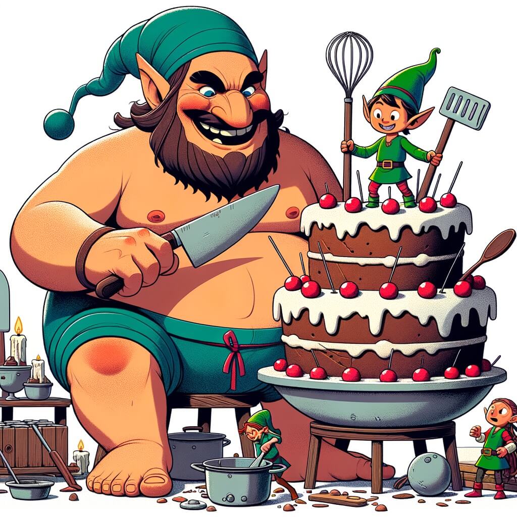 Une illustration destinée aux enfants représentant un géant jovial, expert en cuisine, dans sa cuisine géante remplie d'ustensiles gigantesques, accompagné d'un petit lutin en colère, alors qu'ils se trouvent coincés dans un gâteau géant qui grandit à vue d'œil.