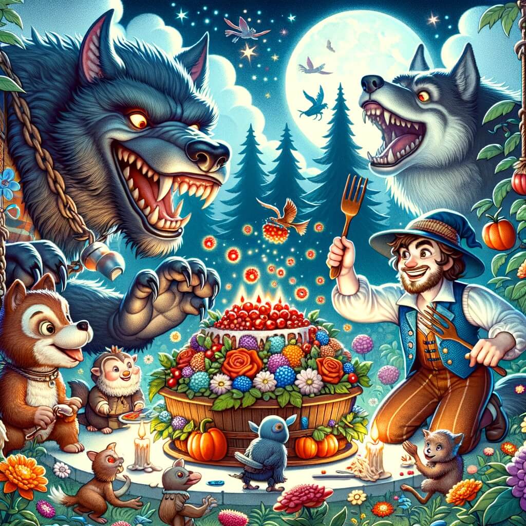 Une illustration pour enfants représentant une créature mi-humaine mi-loup qui organise un banquet pour attirer des loups-garous géants dans une forêt fantastique.