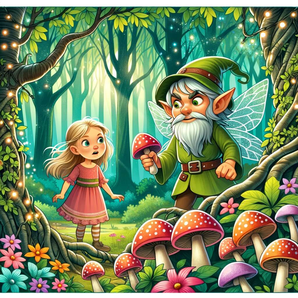 Une illustration pour enfants représentant un petit lutin farceur qui joue à cache-cache avec une petite fille curieuse dans la forêt enchantée.