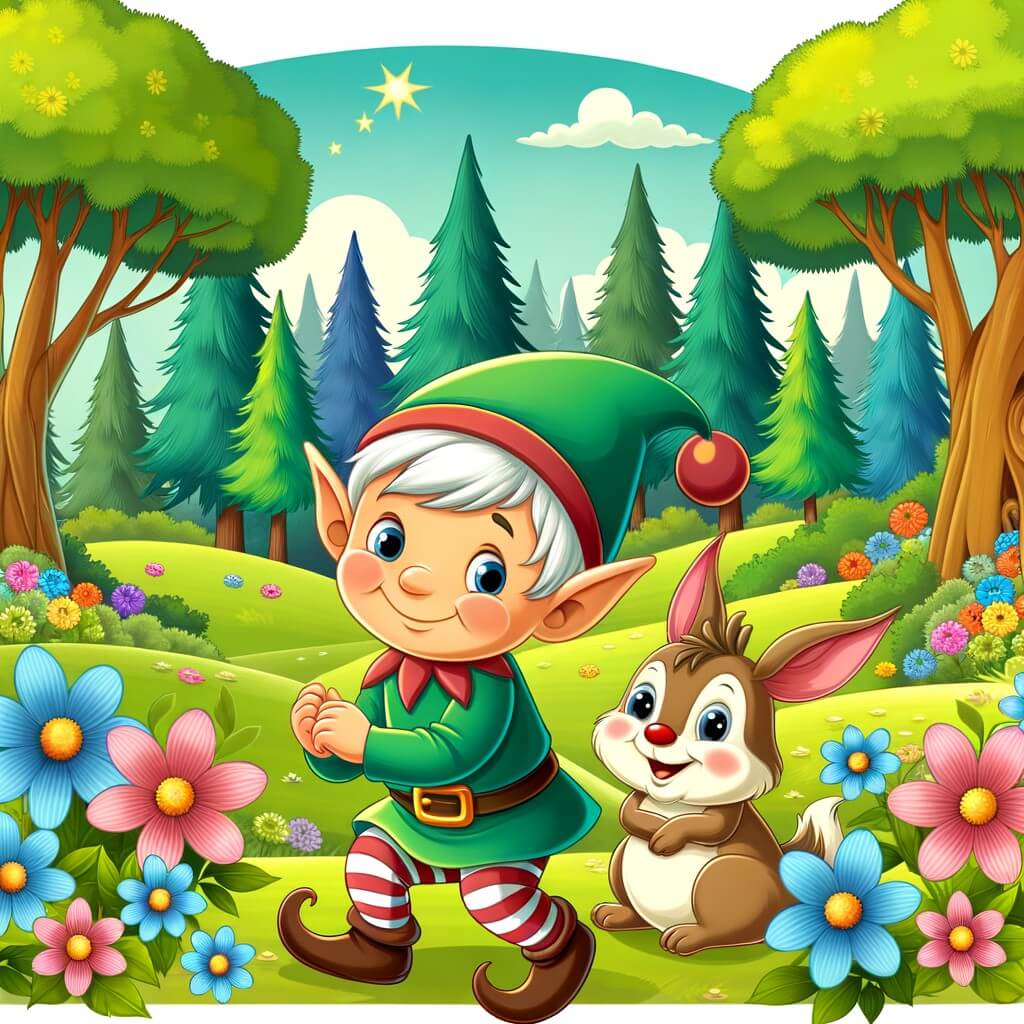 Une illustration destinée aux enfants représentant un joyeux petit elfe farceur dans une forêt enchantée, accompagné d'une adorable créature rigolote, dans une clairière paisible parsemée de fleurs multicolores et d'arbres majestueux.