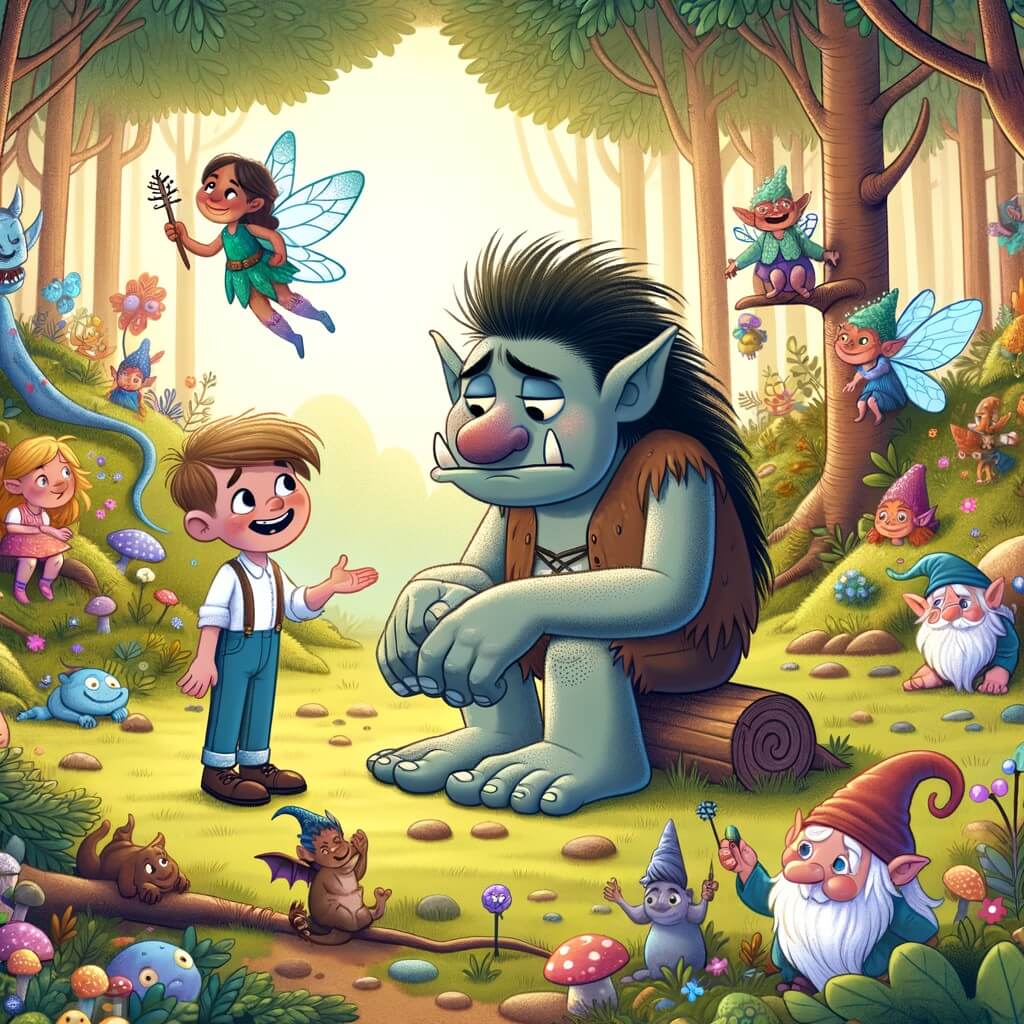 Une illustration destinée aux enfants représentant un troll maladroit et triste qui rencontre un jeune garçon plein d'imagination dans une forêt enchantée remplie de fées joyeuses, de lutins farceurs et d'un dragon gaffeur.