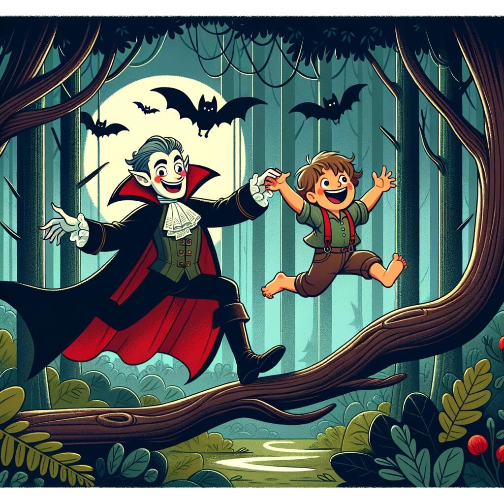 Une illustration destinée aux enfants représentant un vampire rigolo, dans une forêt enchantée, faisant la connaissance d'un petit garçon curieux et intrépide, lors d'une danse joyeuse sur une branche.