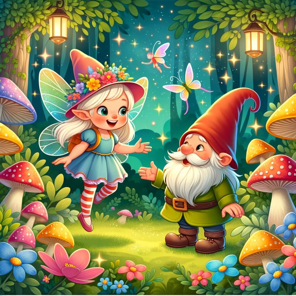 Une illustration destinée aux enfants représentant une fée espiègle et joyeuse qui rencontre un lutin farfelu dans une forêt enchantée remplie de champignons colorés et de fleurs lumineuses.