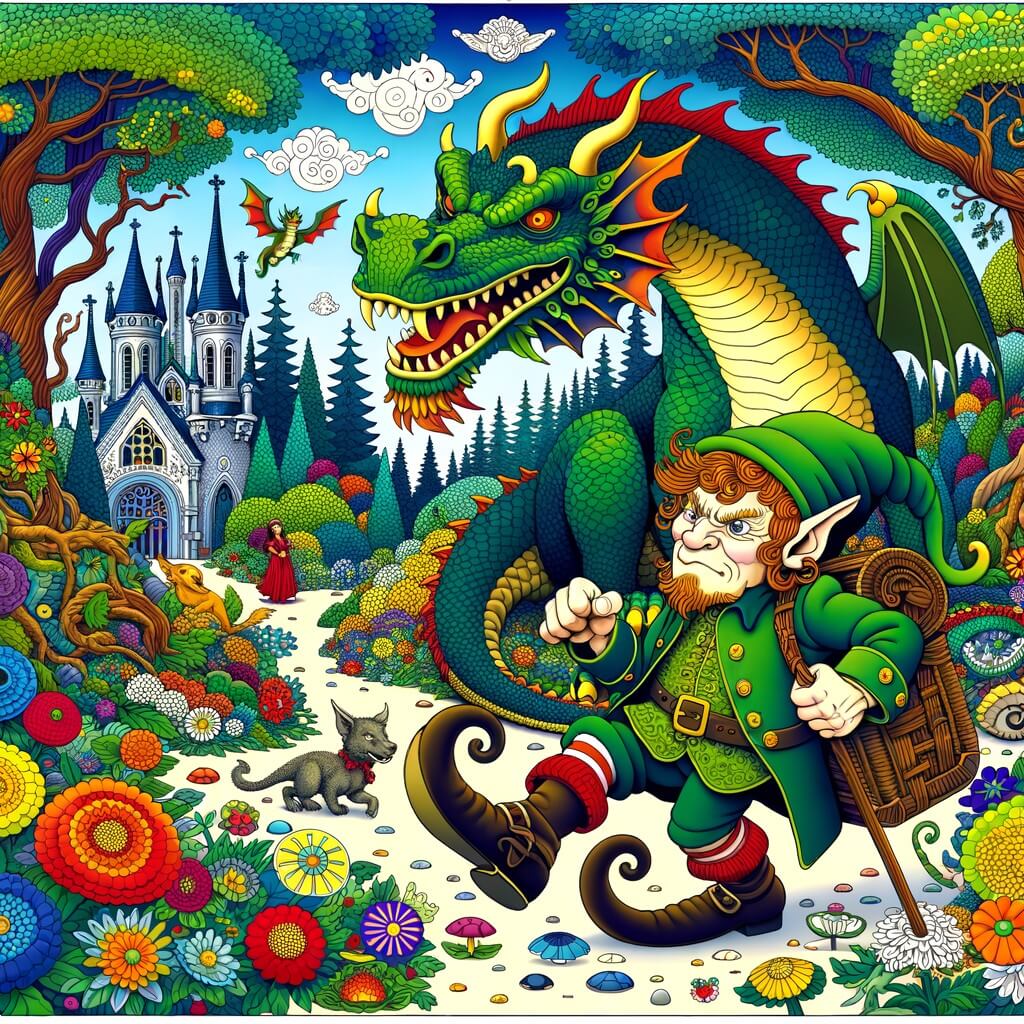 Une illustration destinée aux enfants représentant un(e) elfe maladroit se retrouvant dans une situation hilarante avec un dragon géant dans une forêt enchantée remplie de fleurs colorées, d'arbres majestueux et de petits animaux rigolos.