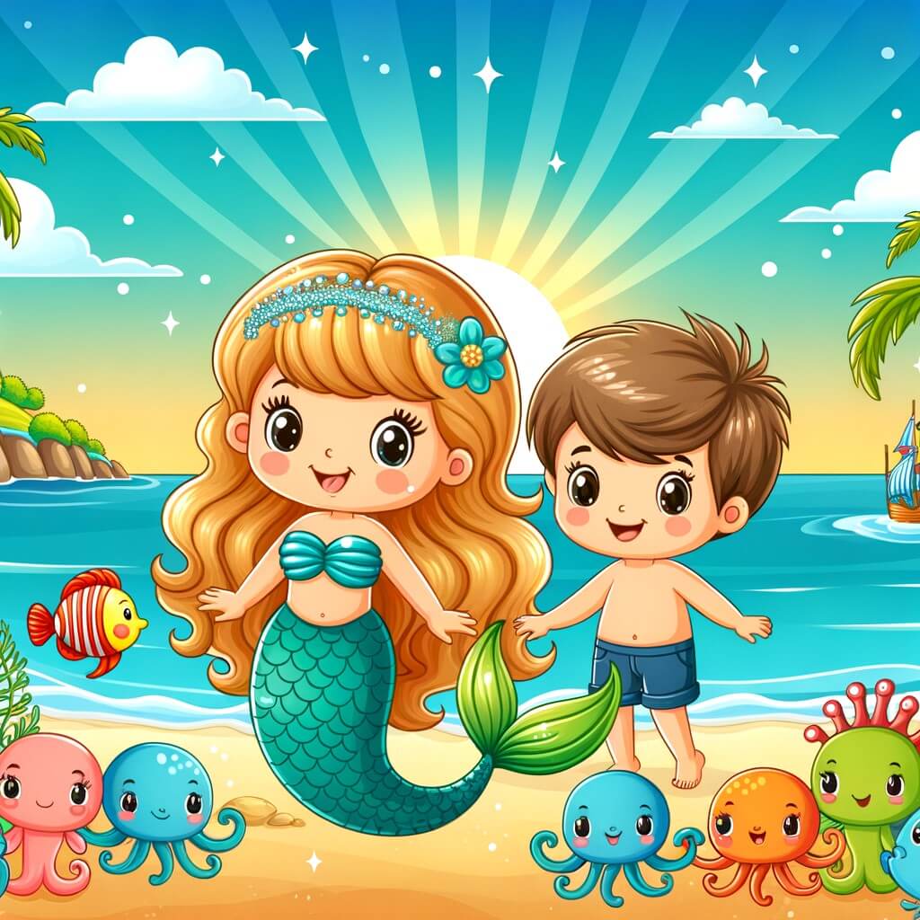 Une illustration pour enfants représentant une sirène rigolote qui rencontre un petit garçon sur la plage et l'emmène dans un monde sous-marin plein de créatures étranges et amusantes.