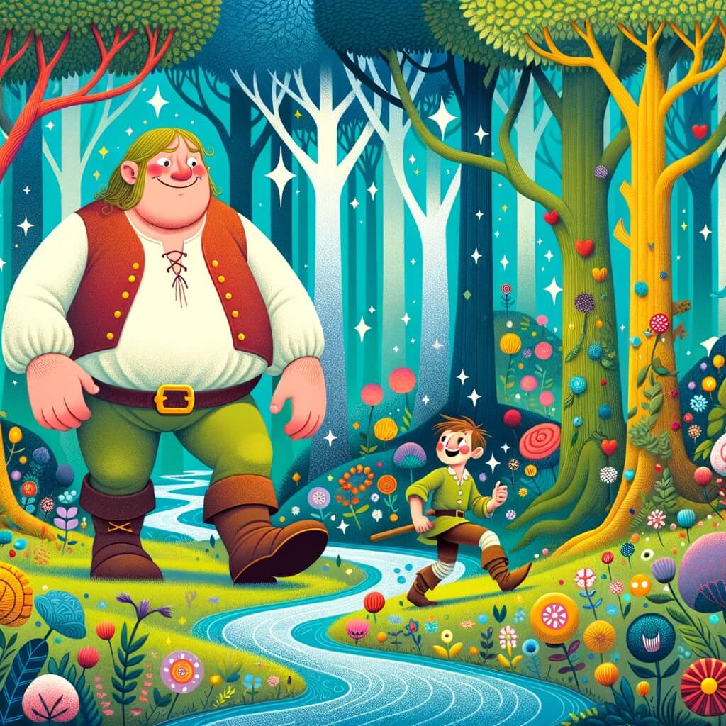 Une illustration destinée aux enfants représentant un géant joyeux et maladroit, accompagné d'un petit garçon aventurier, dans une forêt enchantée remplie d'arbres colorés, de fleurs qui dansent et de rivières scintillantes.