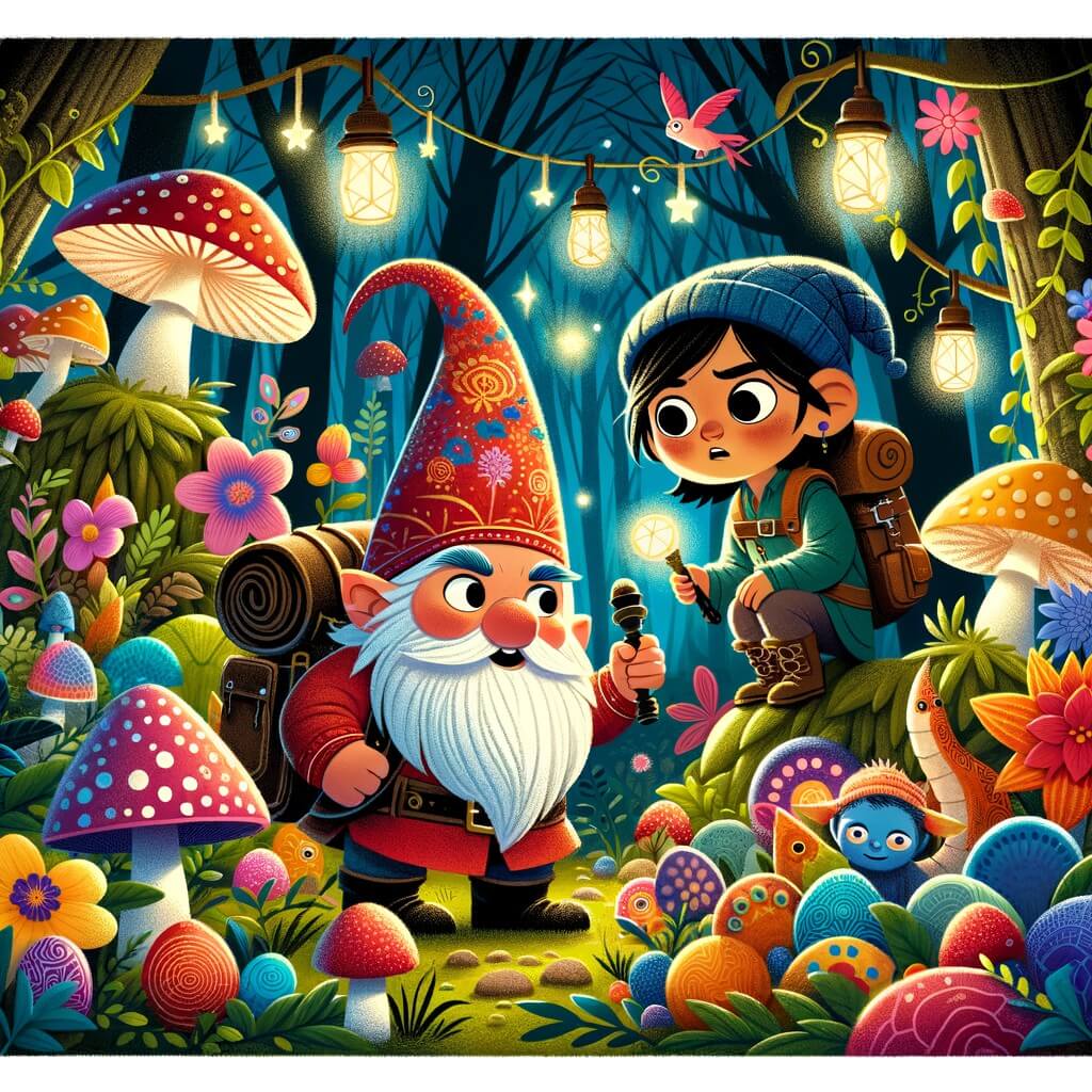 Une illustration destinée aux enfants représentant un lutin farceur, accompagné d'un jeune explorateur, dans une forêt enchantée remplie de champignons lumineux, fleurs multicolores et créatures rigolotes.