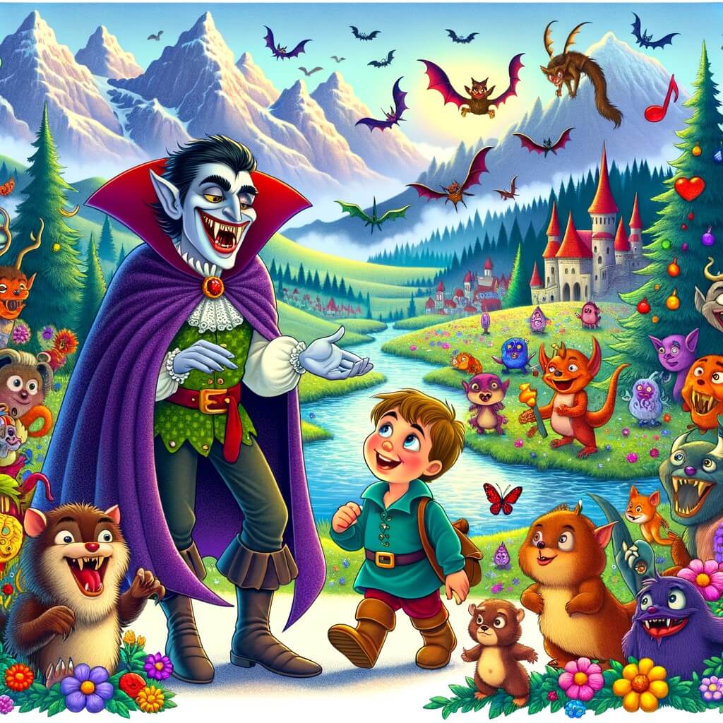 Une illustration pour enfants représentant un vampire farceur dans une quête pour ramener le rire aux créatures rigolotes, dans un pays fantastique rempli de couleurs et de magie.