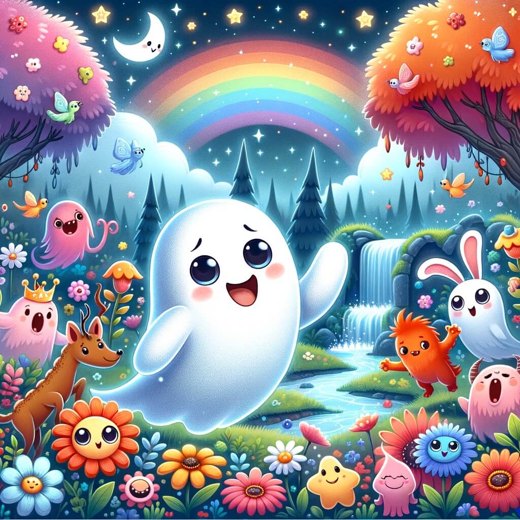 Une illustration destinée aux enfants représentant une petite fantôme farceuse, accompagnée d'une joyeuse bande de créatures rigolotes, dans un monde fantastique rempli de fleurs multicolores, d'arbres magiques et de cascades étincelantes.