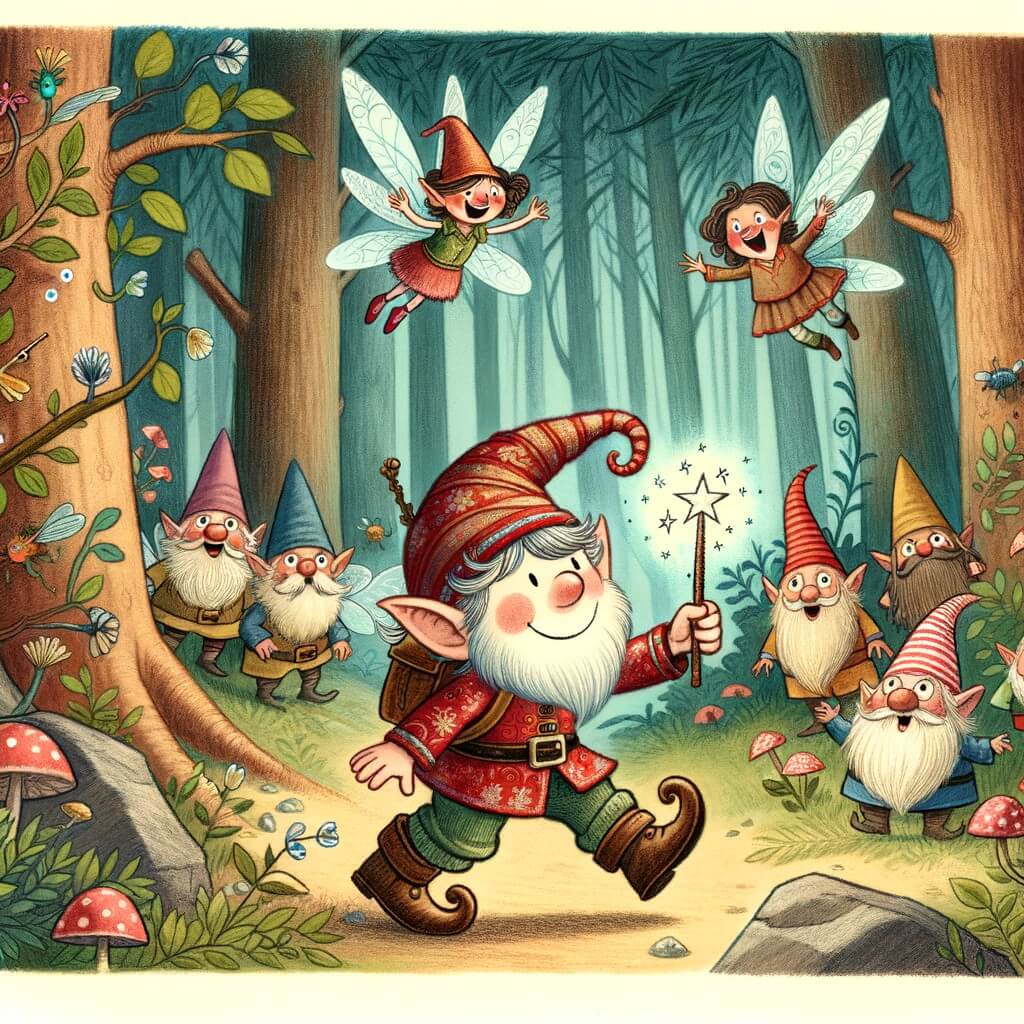 Une illustration destinée aux enfants représentant un petit elfe farceur se retrouvant transformé en gnome après avoir volé la baguette magique de la reine des fées, et partant à l'aventure à travers une forêt enchantée remplie de créatures rigolotes pour retrouver sa véritable forme.