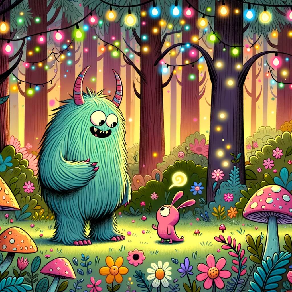 Une illustration pour enfants représentant un monstre poilu et rigolo, qui aide une petite créature perdue dans une forêt enchantée.