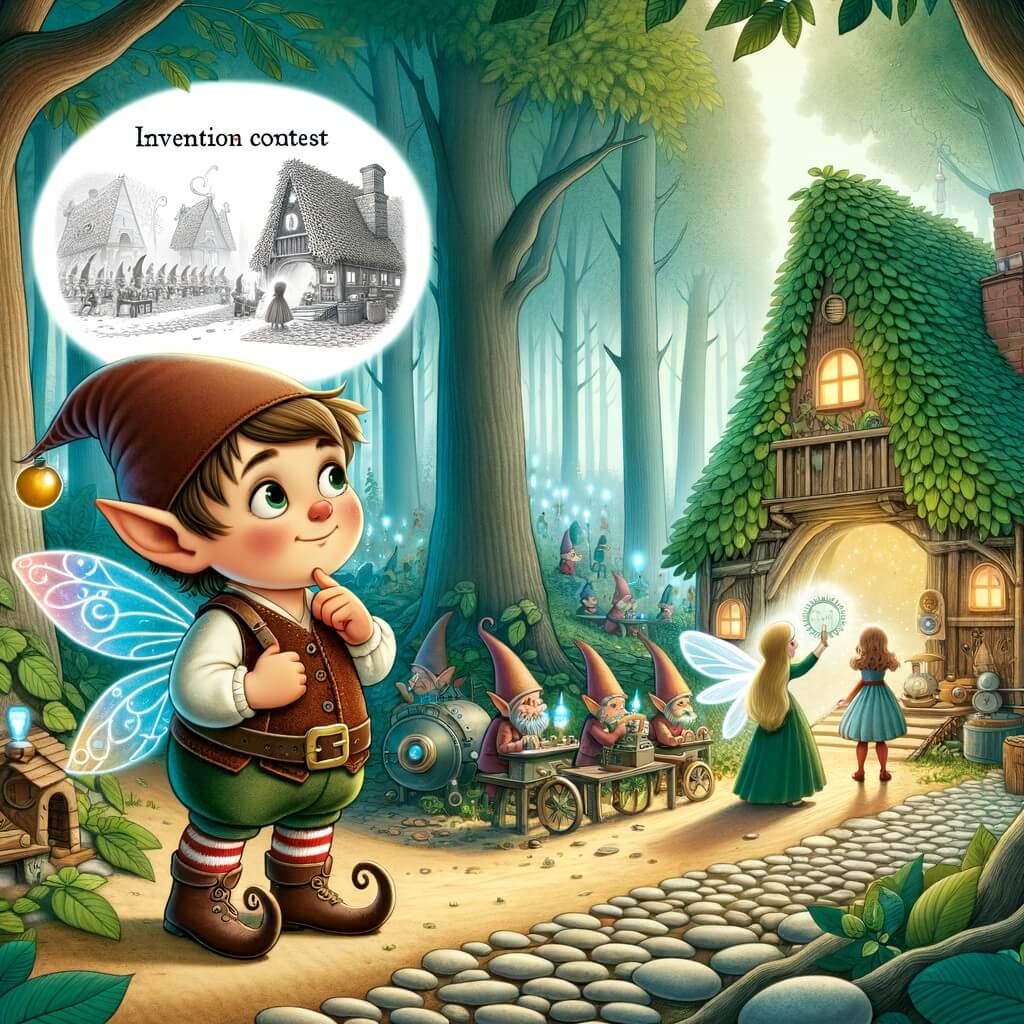 Une illustration pour enfants représentant un lutin avec une bosse sur le dos qui veut devenir le plus grand inventeur de la forêt enchantée, dans un petit village de lutins paisible au cœur de la forêt.