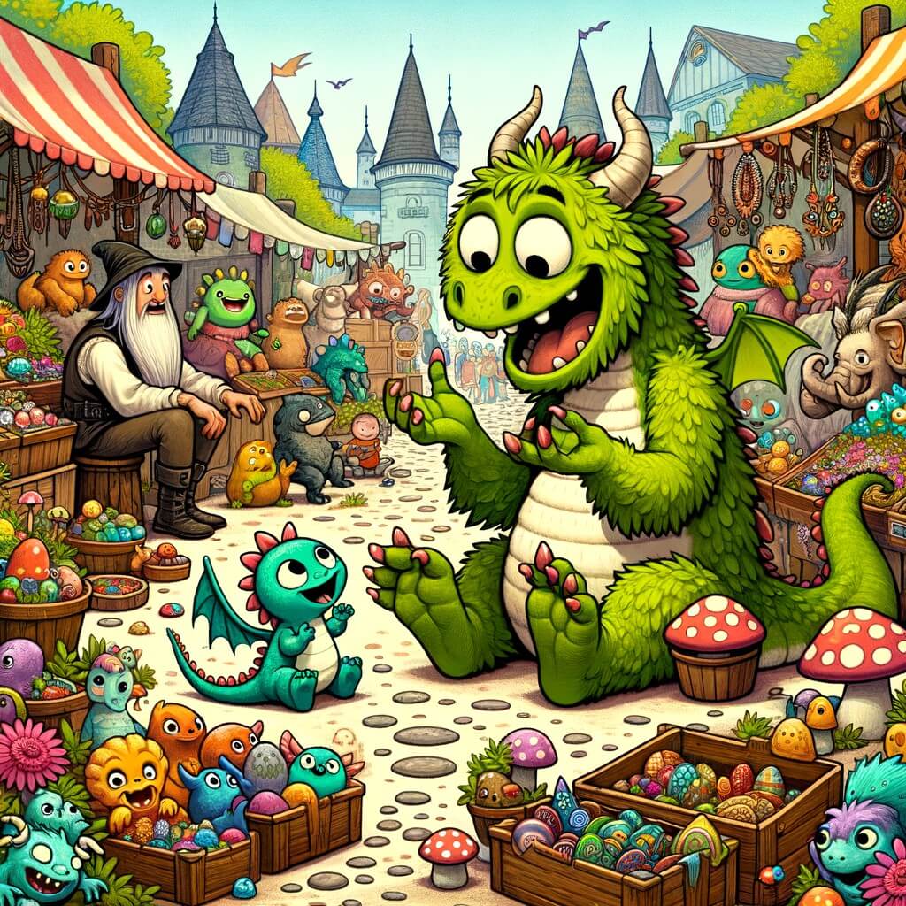 Une illustration pour enfants représentant un petit monstre vert rigolo qui participe à un concours de mangeurs de hot-dogs géants dans un grand champ fantastique.