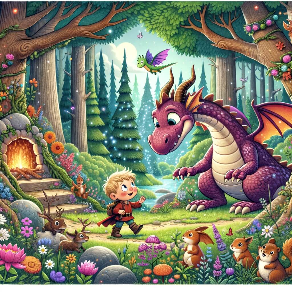 Une illustration destinée aux enfants représentant un adorable dragon farceur, se lançant dans une quête magique avec un jeune garçon curieux, à travers une forêt enchantée remplie de fleurs colorées, d'arbres majestueux et de petits animaux rigolos.