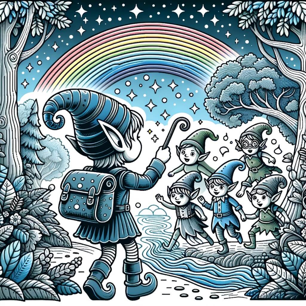 Une illustration pour enfants représentant une petite elfe rigolote qui rencontre des créatures rigolotes dans une forêt enchantée.