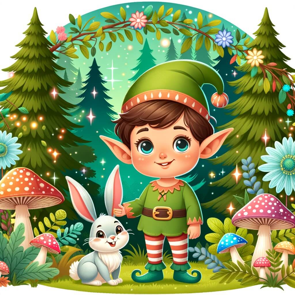 Une illustration destinée aux enfants représentant un lutin farceur et espiègle, accompagné d'un petit lapin, dans une forêt enchantée aux arbres majestueux, aux feuilles chatoyantes et aux champignons colorés.