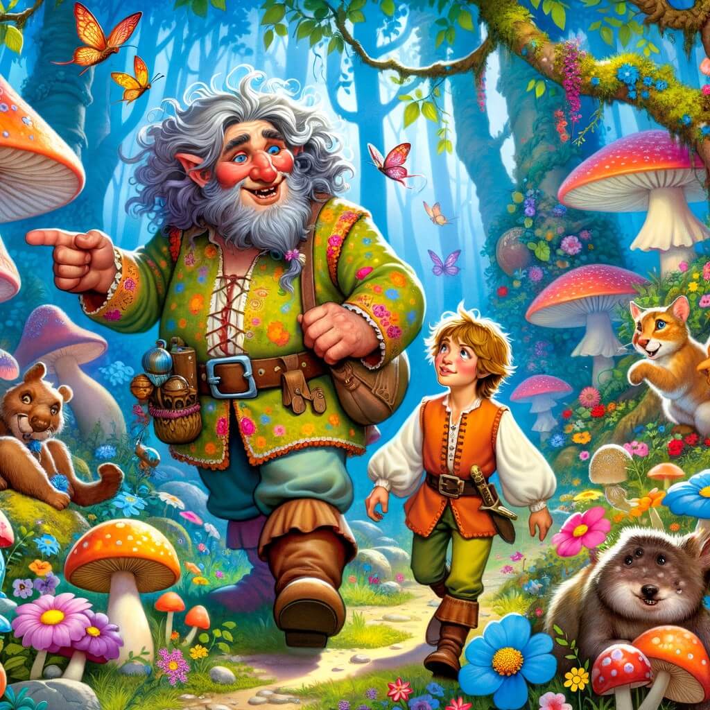 Une illustration destinée aux enfants représentant un géant rigolote et farfelu, accompagné d'un petit garçon aventurier, dans une forêt enchantée remplie de fleurs colorées, champignons géants et animaux curieux.