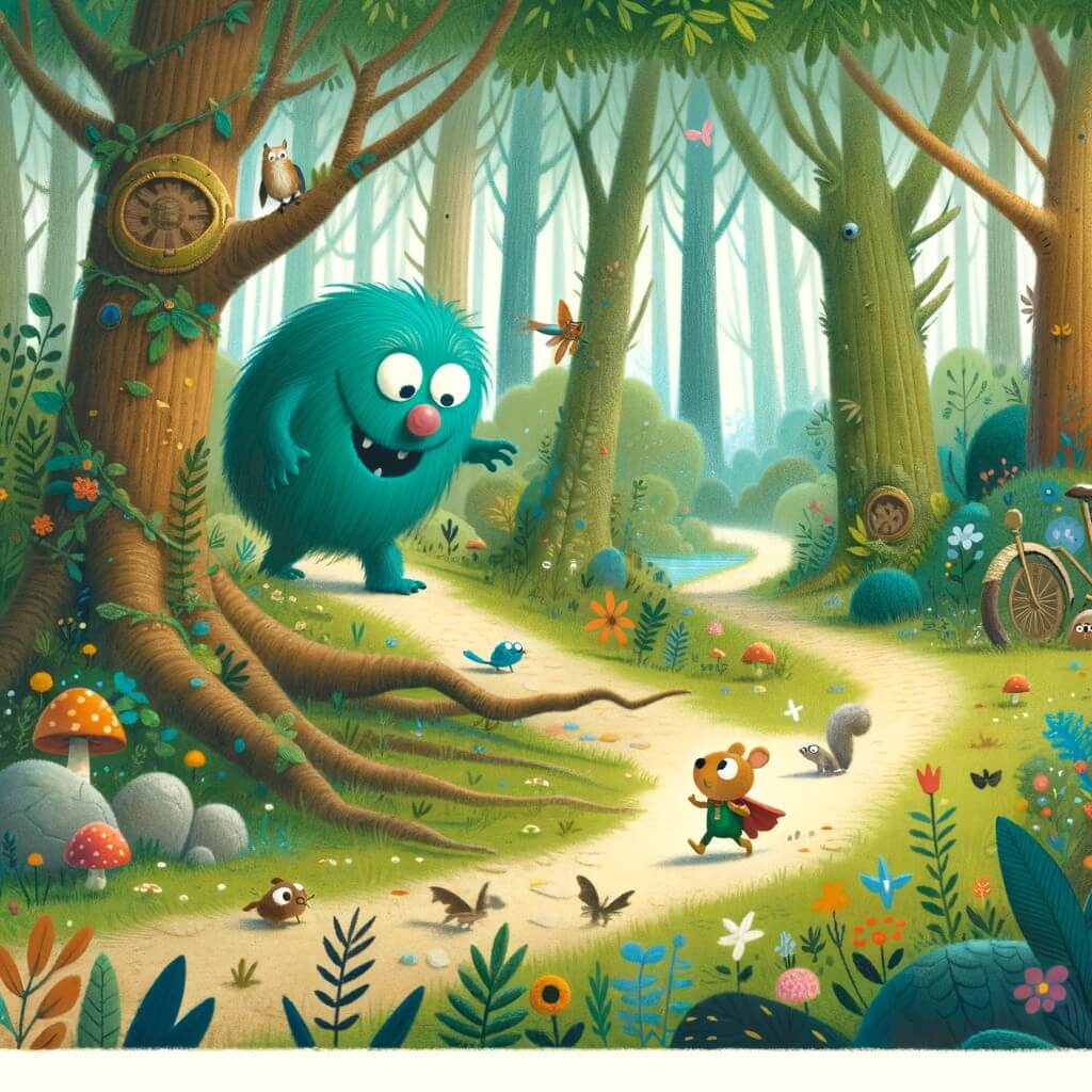 Une illustration pour enfants représentant un monstre rigolo se trouvant dans une forêt enchantée où il fait la rencontre d'un petit garçon aventurier.