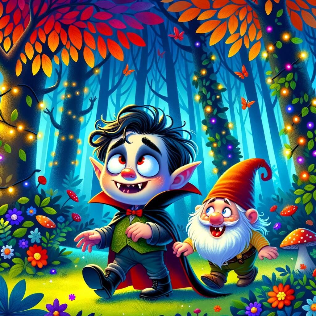 Une illustration destinée aux enfants représentant un vampire maladroit et farceur qui se retrouve perdu dans une forêt enchantée, accompagné d'un petit lutin espiègle, dans un décor coloré rempli d'arbres aux feuilles multicolores et de fleurs lumineuses.