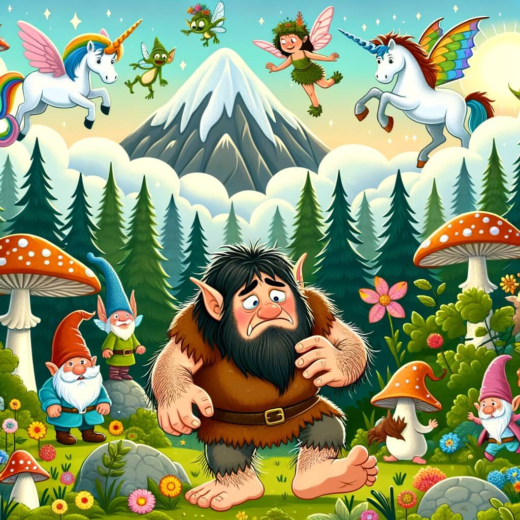Une illustration pour enfants représentant un ogre rigolo qui vit dans une grotte dans la forêt et qui rencontre une licorne dans un champ de fleurs.