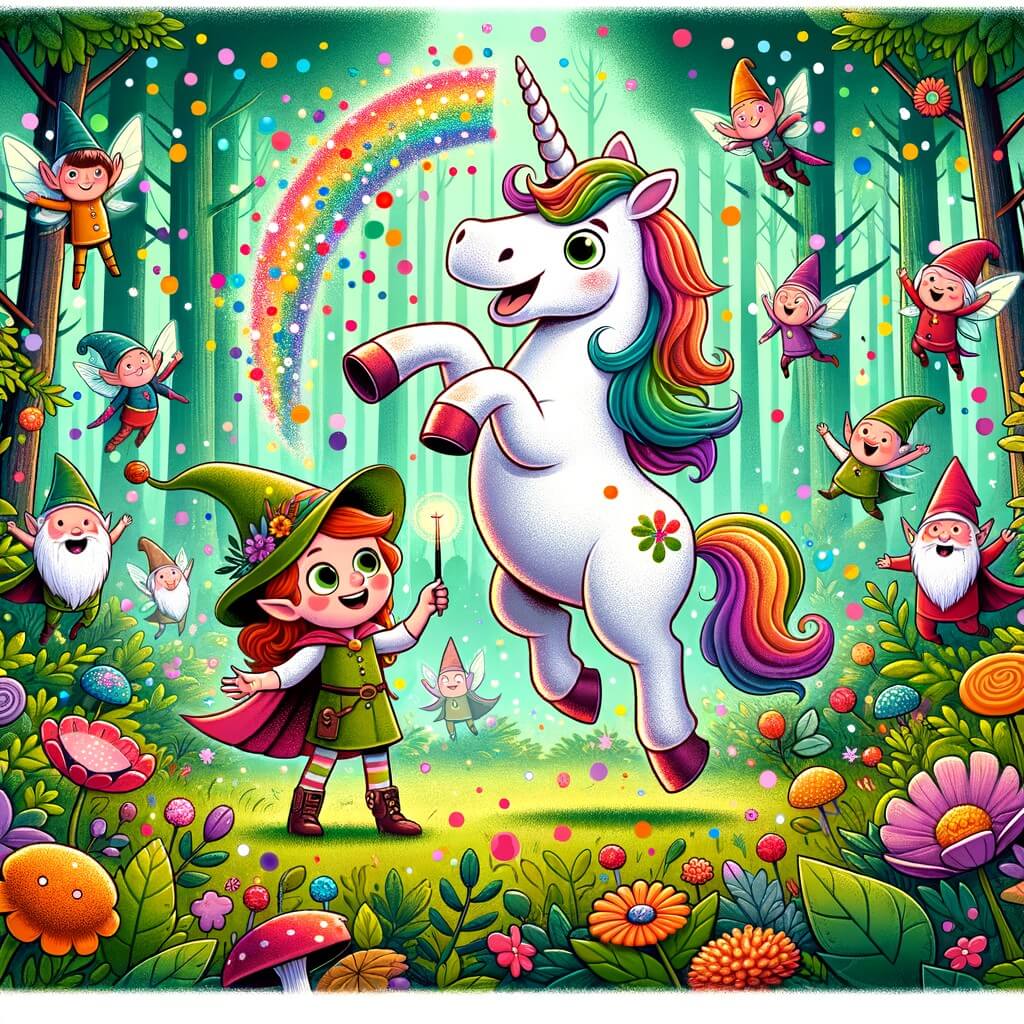 Une illustration pour enfants représentant une licorne farfelue et rigolote se trouvant dans une forêt enchantée où elle fait la rencontre d'une petite fille curieuse et aventureuse.