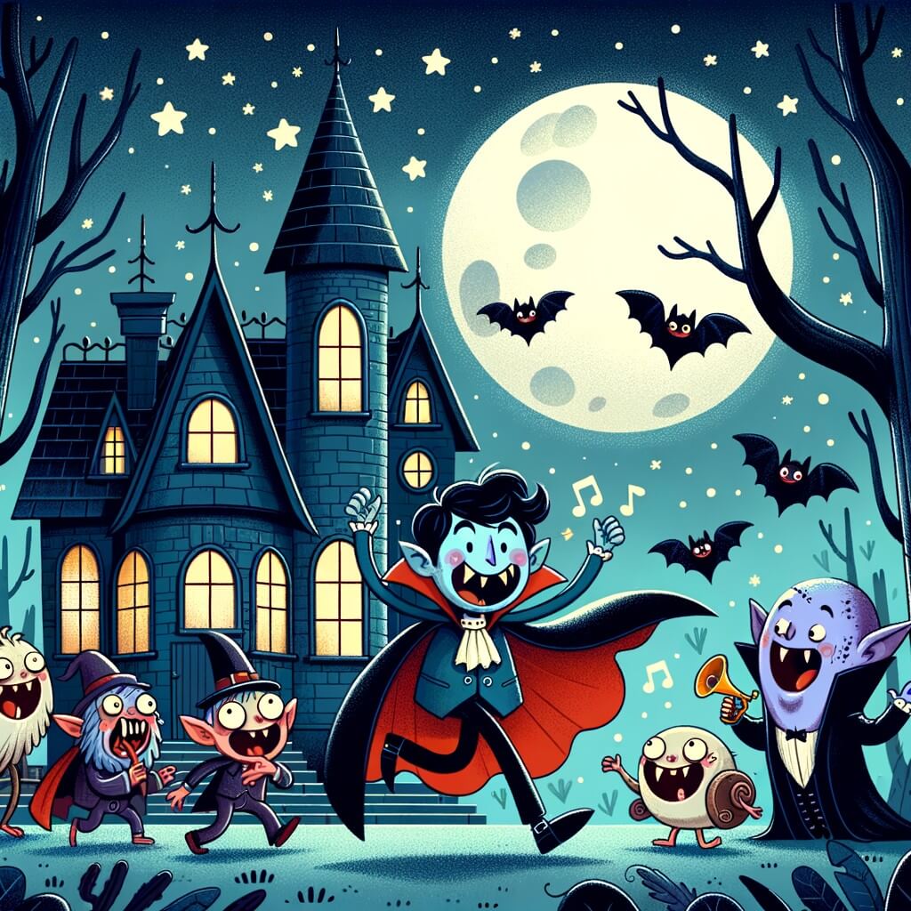 Une illustration destinée aux enfants représentant un vampire rigolo vivant des aventures surnaturelles avec ses amis étranges et loufoques dans une maison hantée au toit pointu, entourée d'arbres sombres et mystérieux, avec une lune pleine illuminant le ciel étoilé.