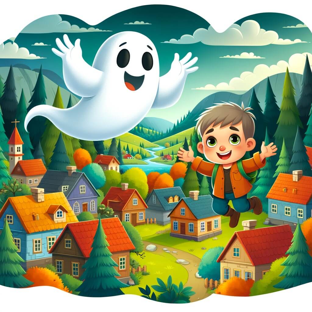 Une illustration destinée aux enfants représentant un fantôme farceur flottant joyeusement dans un village pittoresque, accompagné d'un jeune garçon curieux, au milieu de maisons colorées et d'une vallée verdoyante entourée d'une forêt mystérieuse.