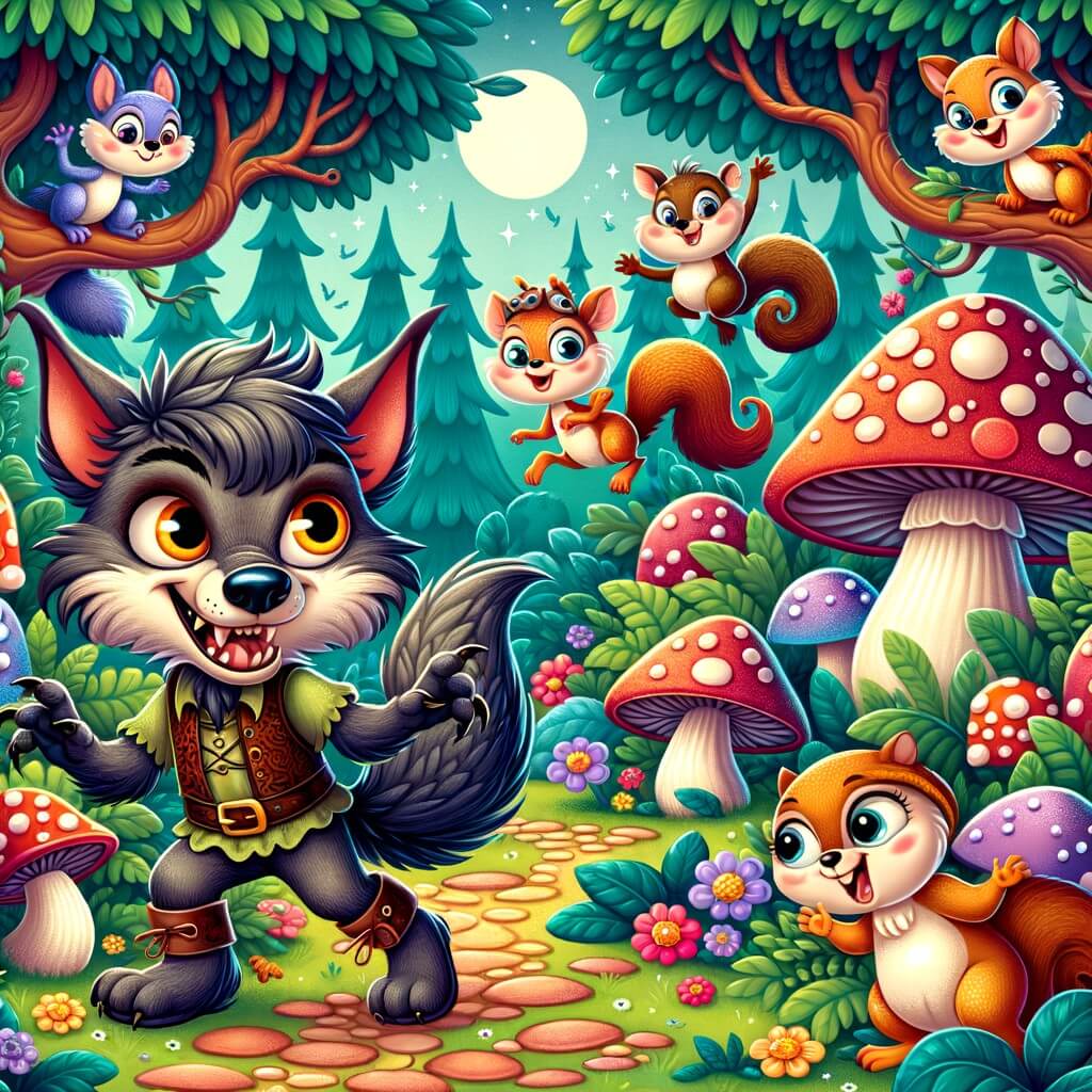 Une illustration pour enfants représentant un loup-garou farfelu vivant des aventures amusantes dans une forêt enchantée.