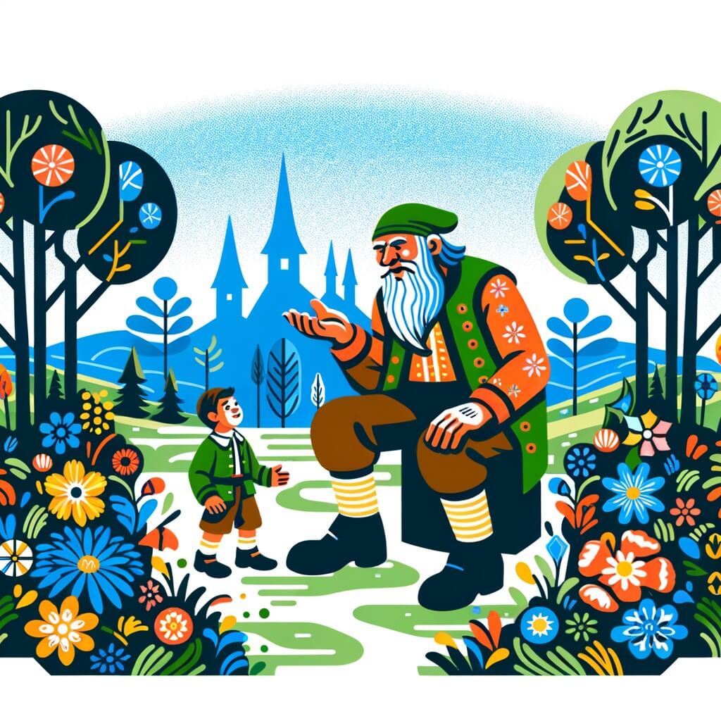 Une illustration destinée aux enfants représentant un géant plein de maladresse en train de jouer avec un petit garçon curieux dans une vallée verdoyante remplie de fleurs colorées et d'arbres majestueux.