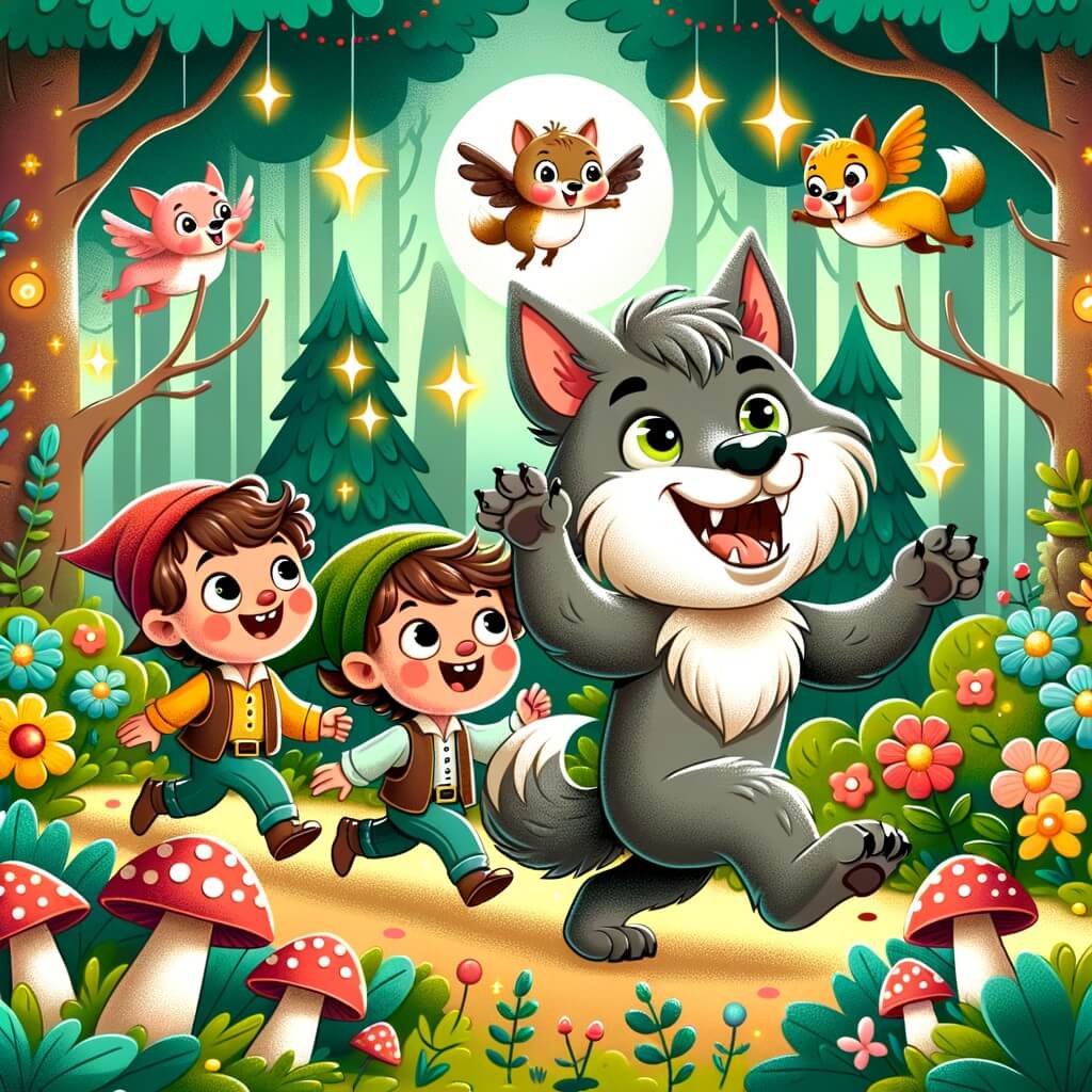 Une illustration destinée aux enfants représentant un loup-garou joyeux et farceur, accompagné de ses amis, explorant une forêt enchantée remplie de fleurs colorées, de champignons lumineux et d'animaux rigolos.