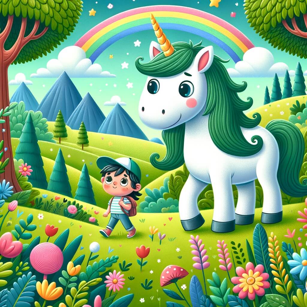 Une illustration destinée aux enfants représentant une licorne farfelue et rigolote, accompagnée d'un jeune garçon curieux, explorant un monde féerique rempli de champs verdoyants, d'arbres majestueux et de fleurs colorées.