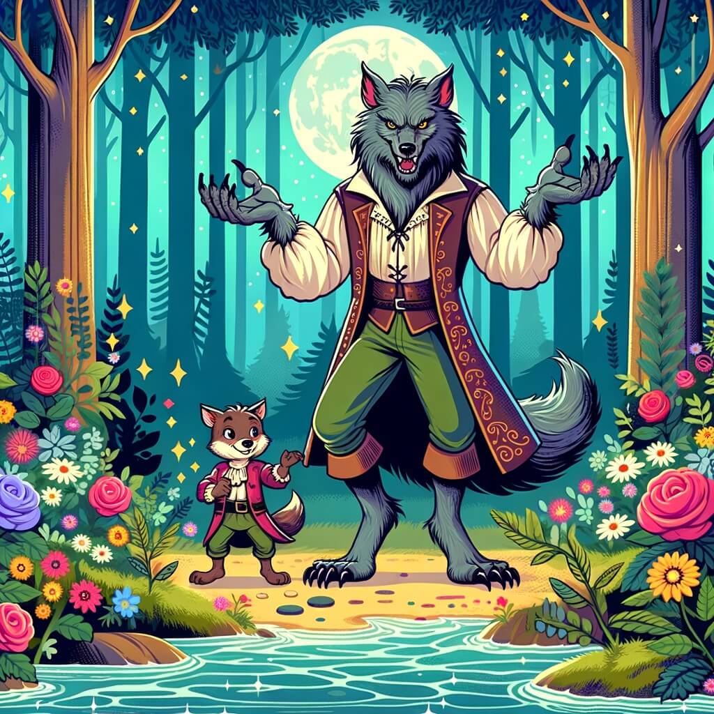 Une illustration destinée aux enfants représentant un loup-garou espiègle, accompagné d'un ami louveteau, se déroulant dans une forêt enchantée remplie de fleurs colorées, d'arbres majestueux et de petits ruisseaux étincelants.
