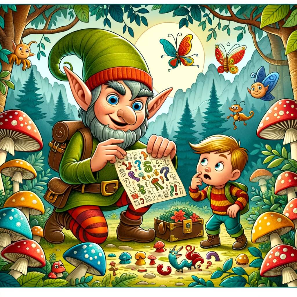 Une illustration destinée aux enfants représentant un lutin malicieux découvrant un mystère avec l'aide d'un garçon curieux, dans une clairière enchantée remplie de champignons colorés et de créatures rigolotes.
