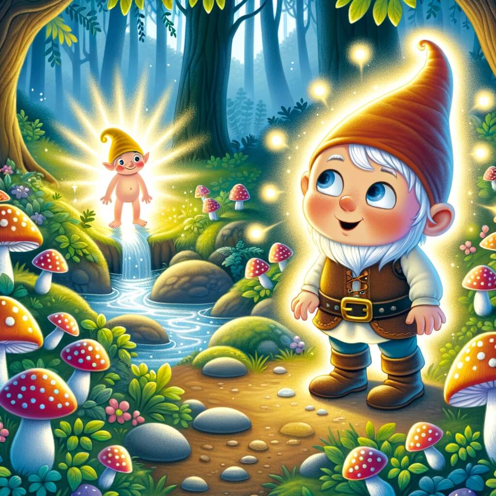Une illustration destinée aux enfants représentant un lutin farceur découvrant un nouvel ami dans une forêt enchantée remplie de champignons lumineux et de rivières scintillantes.